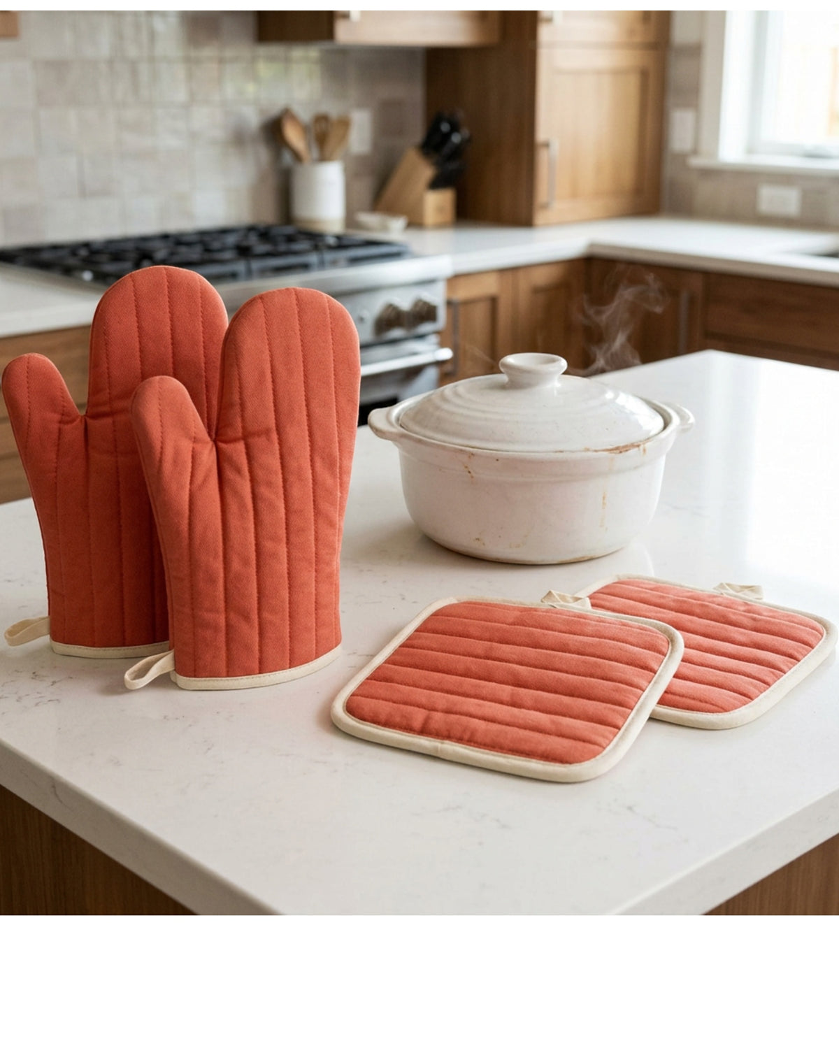 Novoa Oven Mitt and Pot Holder Set of 4 Burnt Coral - Lifestyle view