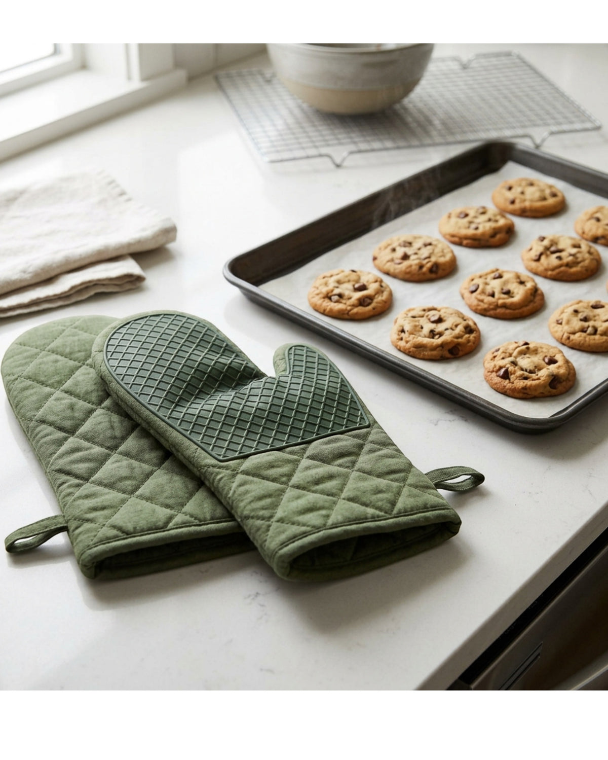 Novoa Quilted Oven Mitt Pair 32 cm Moss Green - Lifestyle view